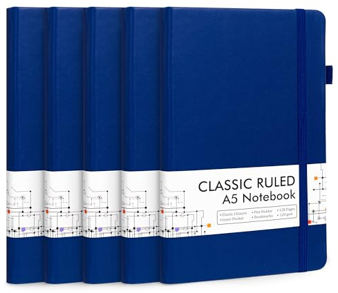 feela 5 Pack Journal Notebook Bulk for School, Hardcover Business Notebooks Classic Ruled Lined Journals with Pen Holder for Work Note Taking, with 5 Black Pens, 120 GSM, 5.1”x8.3”, A5, Navy
