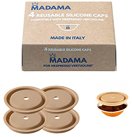 Madama - Tapa reutilizable para cápsulas Nespresso Vertuo y VertuoLine, recargable y compatible. Silicona de calidad alimentaria. 100% Made in Italy. Paquete de 4 tapas.
