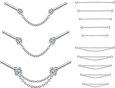 PunkTracker 20G Nasenring 2mm 2.5mm 3mm CZ Nasenstecker mit Kette Chirurgenstahl Nasenpiercings Nasenpiercing Schmuck Nasenringe für Damen Herren