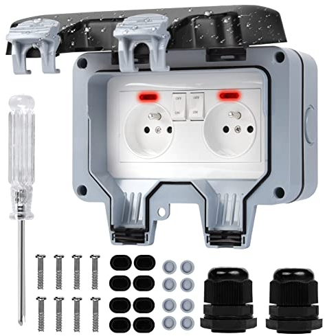 promixc Prise Extérieure étanche Poussière avec Interrupteur et Témoin Lumineux, IP66 Extérieur Prise Murale Double Interrupteur Avec Couvercle Clapet pour Jardin - FR Prise Norme (Prise Double)