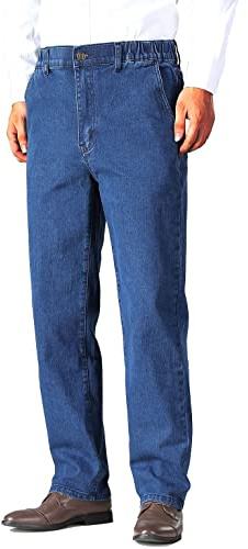 Soojun Mens Elastic Waist Jeans Relaxed Fit with Zipper and Button, Blue, 38W x 28L