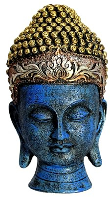 eSplanade Statua a testa di Buddha per decorazione domestica, in resina, per soggiorno, meditazione, scrivania da ufficio, mensola, idolo buddista tibetano, idea regalo zen o yoga, blu, 30 cm