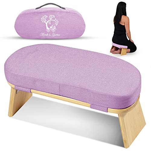 Monk & Llama Meditation Bench - Foldable, Ergonomic, Bamboo Kneeling Stool with Extra Comfortable Cushion — Perfect Seiza Bench Meditation Stool Chair for Prayer & Travel - Deeper & Enjoyable Sessions