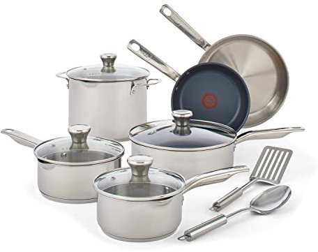 T-fal Juego de utensilios de cocina antiadherentes de acero inoxidable platino de 12 piezas, apto para horno de inducción, ollas y sartenes de 500 F, apto para lavavajillas, color plateado
