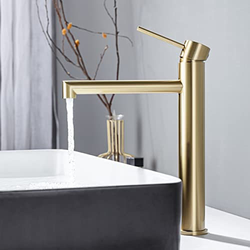 ONECE Robinet Vasque à Poser Doré, Mitigeur Haut pour Vasque, Robinet de Lavabo Haut Salle de Bains en Acier Inoxydable Résistant à l'usure, Mousseur Remplaçable, Or