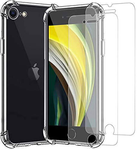 Funda para iPhone SE 2 3(2022 2020)/iPhone 8 7, con 2 Piezas Cristal Vidrio Templado/Protector de Pantalla, Carcasa Transparente Suave TPU Silicona Anti-Choque, Delgada Anti-arañazos