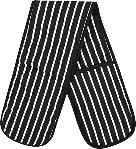 Double Oven Gloves Butcher Quilted Stripe Heat Resistant Oven Mitts Pot Holder Heat Resistant Mitt 100% Cotton For Baking and Cooking Black Oven Glove