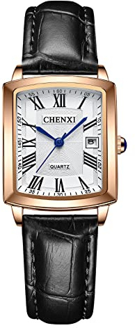 JewelryWe Uhren Damen Analog Quarz Datum Kalender 30m Wasserdicht Armbanduhr Rechteckig Römische Ziffern Geschäfts Beiläufige Uhr mit Echtleder Leder Armband Schwarz/Grün