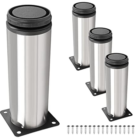 suiwotin 4pcs 10 Inch (250mm) Stainless Steel Furniture Legs, Silver Adjustable Cabinet Feet, Metal Cylinder Table Legs, Heavy Duty Sofa Legs Replacement for Couch, Shelf, Dresser, DIY Bench Legs
