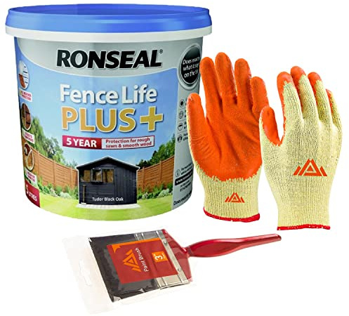 PERFECTONISH Fence Fence Life Plus+ Garden Shed UV Protection Wood Outdoor Garden Paint With Free 3” Paint Brush and Protective Gloves 5 Litres (Tudor Black)