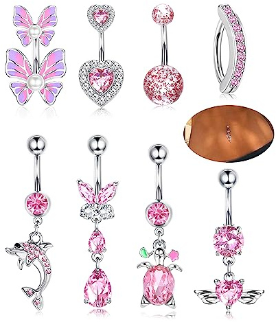 JeryWe 8pcs Bauchnabelpiercing für Damen Chirurgenstahl Reverse Clicker Bauchnabel Belly Piercings Baumelnd Farbenfroh CZ Schmetterling Evil Eye Nabel Körperschmuck 14G Rosa 10MM