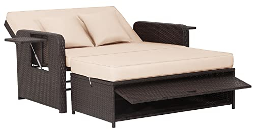 COSTWAY 3 in 1 Polyrattan Sonnenliege, Gartenliege mit Verstellbarer Rückenlehne & Seitenablagen, Loungebett, Doppelliege mit Kissen, Gartensofa mit Hocker & Stauraum für Garten