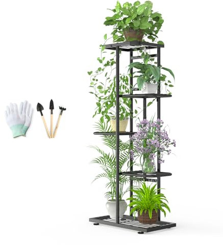 MAIJIAJU Soporte para flores de metal negro de 5 niveles con herramientas de jardín y guantes, 95 cm de esquina, estantería para plantas, para interior y exterior, varias escaleras para plantas, para
