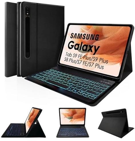 LAMA Tastaturhülle für 12,4 Zoll Samsung Galaxy Tab S10 +/S9 FE+/S9 Plus/S8+/S7+/S7 FE, Schutzhülle Bluetooth Tastatur Hülle mit Hintergrundbeleuchtung - Deutsches QWERTZ Layout, Schwarz Beleuchtet