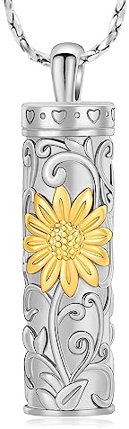 AIWENXI Collana con urna di girasole per cenere, per cremazione, gioielli cilindri, in acciaio inox, uomo/animale domestico, cenere, souvenir, amante della cenere, ciondolo per uomini e donne, Acciaio