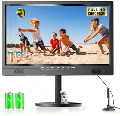 Desobry 19 Inch 1080p Portable TV, Small TV with DVB-T2, Built-in rechargeable battery, 12V Television With adjustable base for home entertainment, travel and outdoor use, HDMI AV USB Input
