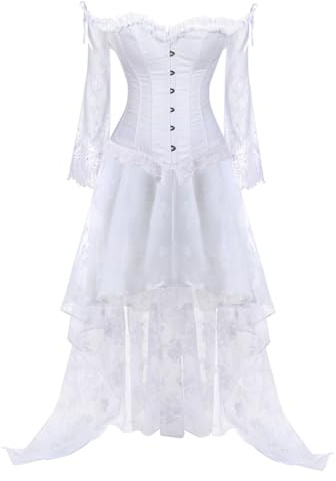 Caxndycing Corsetto abito da donna con corpetto intero abito corsetto corsetto abiti in pizzo lungo asimmetrico gonna corsetto corsetto corsetto maniche lunghe con lacci da donna, bianco, S