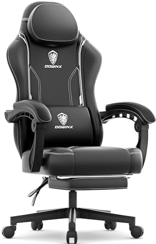 Dowinx Gaming Stuhl, Bürostuhl Gamer Stuhl, Ergonomischer Gamer Sessel mit Fußstütze, Massage Gaming Chair PU Leder PC-Stuhl Verbreiterte Rückenlehne 150KG, Schwarz