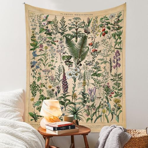Vintage Flowers Tapestry 48”x36”, Long Vertical Wall Hanging Reference Illustrative Botanical Tapestries for Bedroom Aesthetic Floral Tapistry Botanical Plants Tapestry Wall Hanging Cute Bedroom Decor