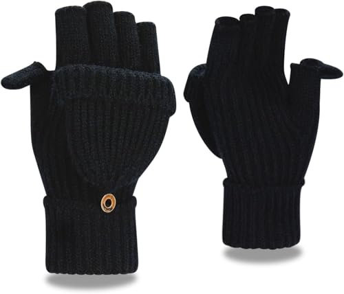 Hecatombic Winter Männer und Frauen halbe Finger Klappe verdickt warm gestrickt fingerlose Handschuhe Daumen mit Kappe Cabrio Indoor Outdoor Handschuhe (Schwarz (Daumen mit Kappe),One Size)