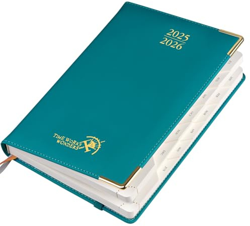 POPRUN Tagesplaner 2025 2026 A5 Hardcover 21,5 x 14,5 cm (Aug.2025-Jul.2026), Tageskalender 1 Tag 1 Seite (Montag - Sonntag) mit PU-Leder, Monatliche Registerkarten - Pazifikgrün