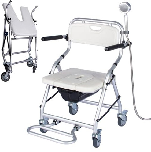 Silla Ducha Personas Mayores con Ruedas, 4 en 1 Portatil Silla de Ruedas con Inodoro para Minusvalidos, Silla WC Personas Mayores, Silla de Baño Plegable para Adulto, Carga Máxima 150 kg