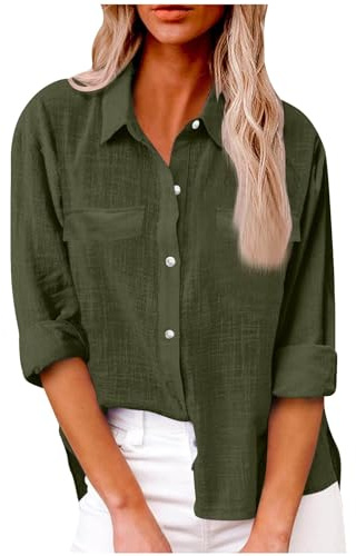 Camicia di flanella Fit 2024 Camicie regolari da donna Top Camicie da donna Button Down 2024 Autunno Casual allentato a maniche lunghe con scollo a V Camicette in cotone e lino per uscire con camicie