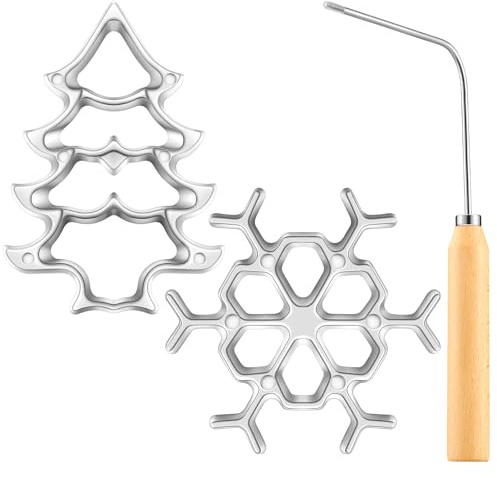 Teenyyou 3 Pcs Bunuelos Mold with Wooden Handle Snowflakes Christmas Tree Rosette Iron Molds Aluminum Cast Cookie Cutter Maker for Waffle Achappam Christmas Party Deserts Baking Cooking