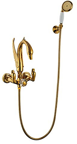 shower head Badewannenarmatur mit Handbrause, Retro-Schwan-Badewannenarmatur, Wandmontage-Duschsystem mit Badezimmer-Wannenmischbatterie, Duschschläuchen und Halterungen, Doppelfunktion, Gold rainfall