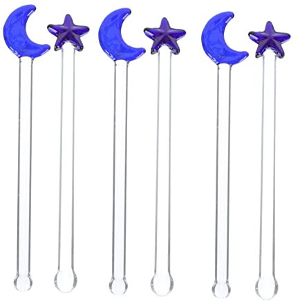 OFFSCH Decorative Glass Swizzle Sticks Blue Moon Star 6pcs Beverage Stirrers for Milk Tea Shops and Restaurants