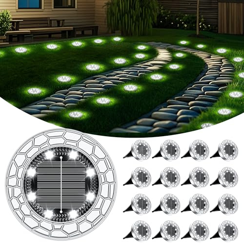FIFlying 16 pezzi Luci Solari da Giardino, 8 LED Lampade Solare da Terra | Acciaio Inossidabile Bianco Freddo Faretti Sepolta Solari a Led da Esterno, per Prato, Vialetto, Marciapiede, Patio