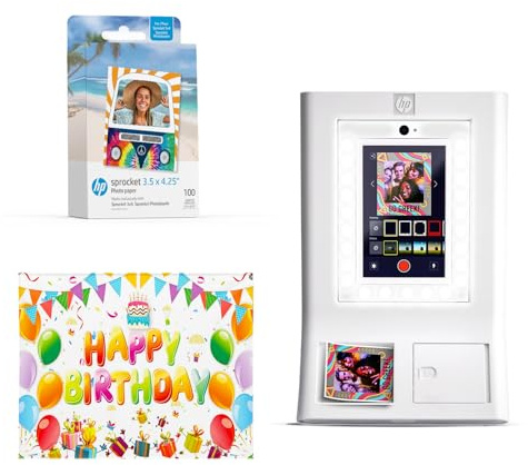 HP Sprocket Photo Booth Machine Instant Color Photo Printer (White) + Zink Paper (100 Sheets) + Birthday Photo Backdrop (1)