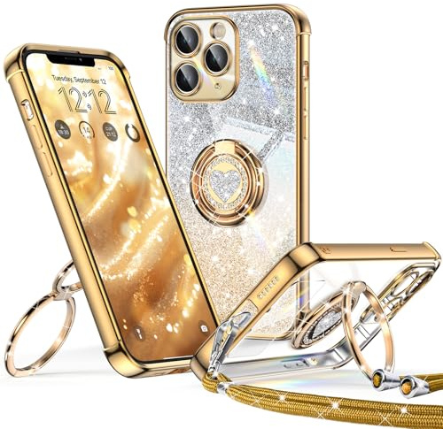 XYZ für iPhone 11 Pro Hülle mit Band, Herzen Doppelring Ständer | Luxus Glitzer HandyHülle Kameraschutz, Frauen Stoßfest Elektroplattiert Case Soft TPU SchutzHülle Clear, Gold
