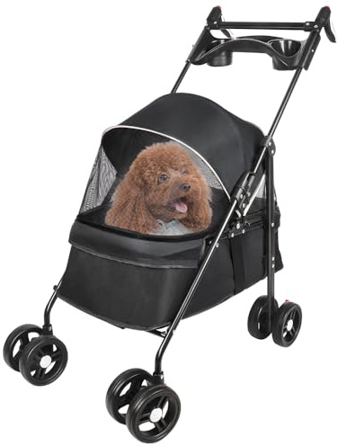 OHMG Poussette pour chien chat pliable,Les petits et chiens âgés,Jusqu'à 20 kg,Roues avec freins à 360°,Panier xxl,3 fenêtres,Porte-gobelet,Chariot pour chien