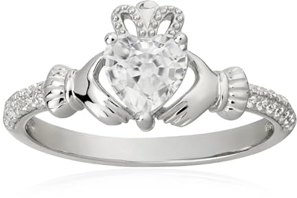 Herzförmiger Weißkristall-Geburtsstein Claddagh-Ring aus 925 Sterling Silber – 6MM herzförmiger Weißkristall-Ring, Irischer Schmuck, Glücksbringer für Damen, Größe 9