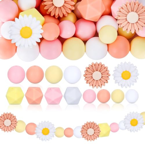UNOZAVER 72 Stück Blumen Silikonperlen Set, Bunt Gänseblümchen Bastelperlen Bulk für Heimwerker Schlüsselanhänger, Schmuckherstellung, Halsketten, Armbänder, Stifte (Rosa)