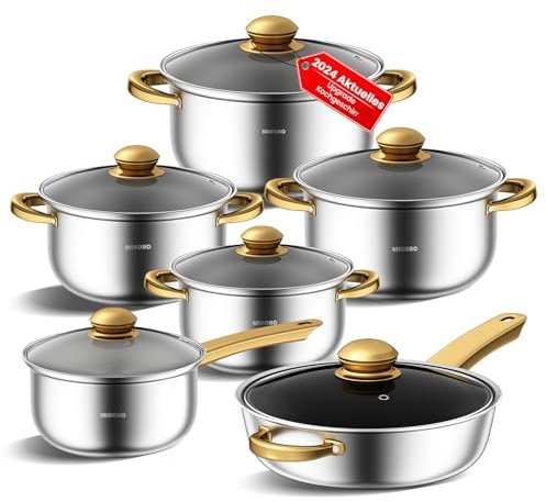 Topfset aus Edelstahl and Pans Set,12-teiliges Küchen-Kochgeschirr-Set, ungiftiges Kochset mit kühl bleibenden Griffen, spülmaschinenfest, Töpfe Set Geeignet für alle Herdarten (Gold A)