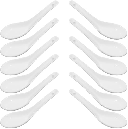YouXiaor 12PCS Asiatische Suppenlöffel,Keramik Chinesische Suppenlöffel,Reislöffel aus weißem Porzellan,Keramik Löffel Set,Servierlöffel für Reisschalen Ramen Vorspeisen Desserts