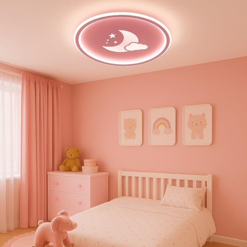 zenlavia Deckenlampe Kinderzimmer Rund 40 cm Rosa – LED Deckenleuchte mit Mond-Motiv, Dimmbar & mit Fernbedienung, Nachtlicht-Modus, Flach & Dünn, Aus Metall, Ideal für Mädchenzimmer