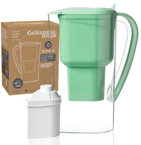 Jarra Filtradora Agua Grifo Verde ALKANATUR Drops 1,4 L Filtro Original | Agua Alcalina Filtración Avanzada pH 9,5 Elimina Cloro Metales Pesados Microplásticos Fluoruros Libre BPA Fabricado en España