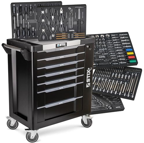 Stix UltimatePro Servante d'atelier A7/TS1 Chariot d'atelier avec 267 outils Cr-V, 7 tiroirs, plan de travail en acier inoxydable, armoire latérale