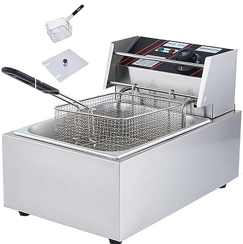 MJMLUCK Freidora eléctrica Comercial con Cesta y Tapa, 10 L/10,5 qt de Acero Inoxidable Grueso, con Control de Temperatura, para Cocina, Restaurante, encimera.