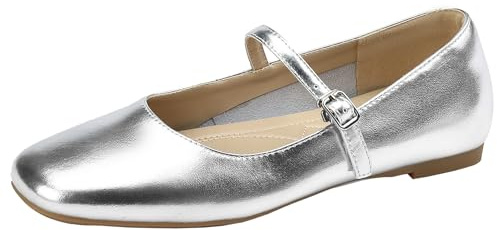 XIEPP läderpumps för kvinnor med platt klack kvadratiskt tåparti Mary Jane flatats med spänne, silver, 39 EU