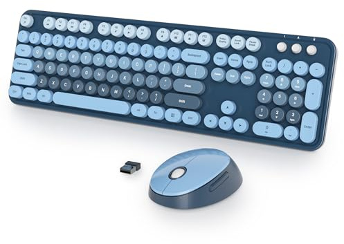 Vumilstek Blue Keyboard and Mouse Set Wireless, American QWERTY Retro Typewriter 2.4GHz Full Size Round Keys with Number Pad for Students Home Office PC Laptop(Ocean Blue)