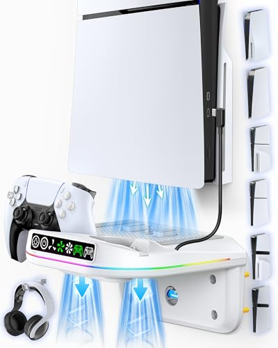 Support de Refroidissement Mural PS5 avec Chargeur de Manette, Ventilateur avec 3 Vitesses et Éclairage Ambiant RVB, Support PS5 avec Station de Recharge et Accessoire PlayStation