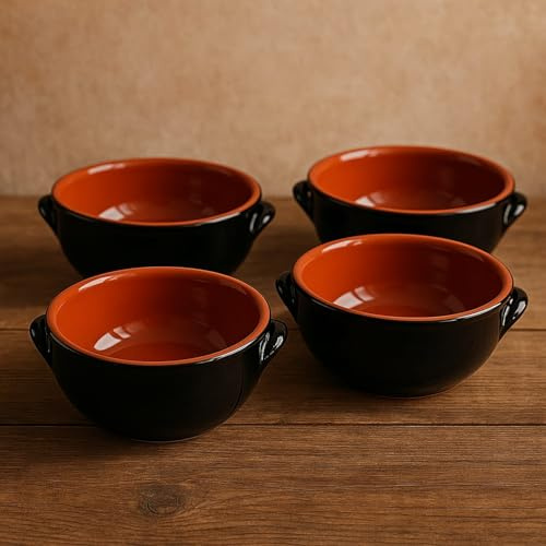 Generico Set 4 Tegamini Terracotta Bicolore 13cm - Ciotole Ceramica con Manici Nero Marrone - Altezza 4.5cm Tapas Antipasti Contorni Primi - Artigianali - Ebook Omaggio