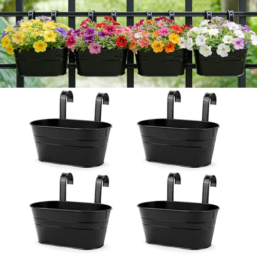 RIOGOO Macetas de Metal Hierro Colgantes Macetas de jardín Macetas de balcón Macetas de Metal Cubo de Flores Soportes para Colgar en la Pared Maceta de decoración - Gancho Desmontable (4 PCS) (Negro)