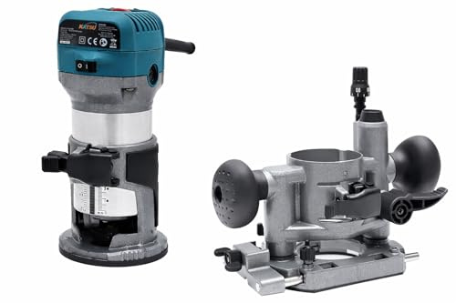 KATSU 710W Wood Trimmer Router Bundle with Adjustable Plunge Base, 1/4 & 3/8 Collets, Variable Speed Handheld Router for Precision Woodworking