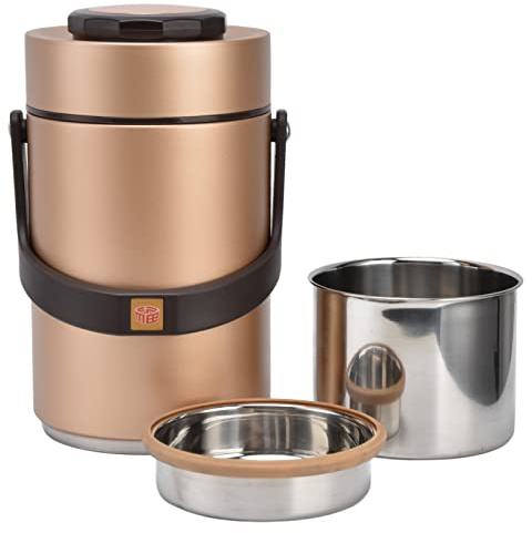 HLKSOUREZ Contenedores de almuerzo aislantes, recipiente para alimentos con doble vacío de acero inoxidable 304 con capacidad de 2300 ml, olla de almuerzo apilable de 3 capas para el trabajo (Oro)