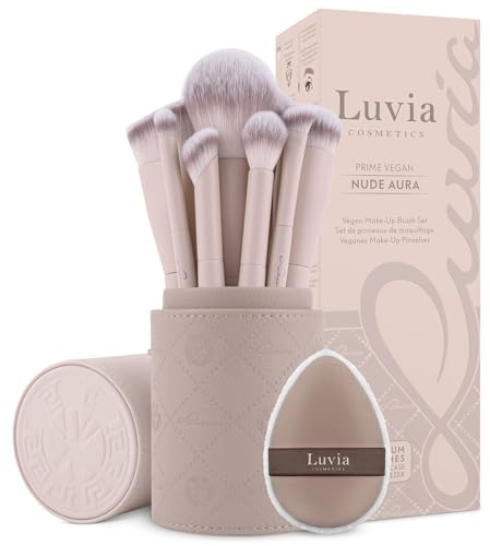 Make-up Pinselset Aura | 10-teiliges Pinselset mit 8 Schminkpinseln für Gesicht & Augen inkl. veganem Lederetui & Powder Puff Sponge | Professionelle vegane Kosmetikpinsel | Nude 2-farbig | Luvia